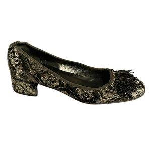 Sesto Meucci Flynn Ornament Pumps Black Velvet Brocade Beaded Block Heel…